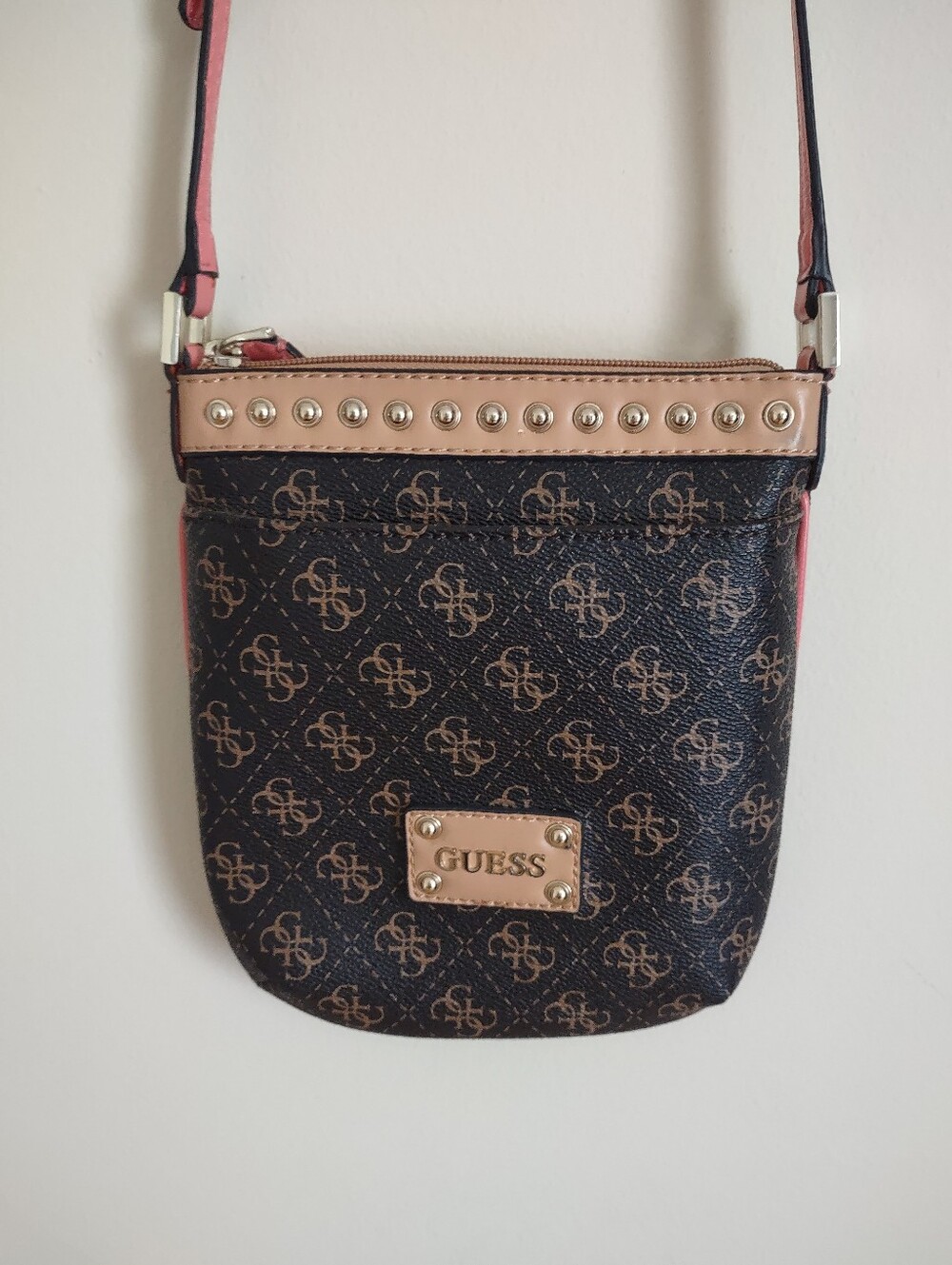 GUESS Brown Logo Monogram Studded Crossbody Bag | Adjustable Strap
